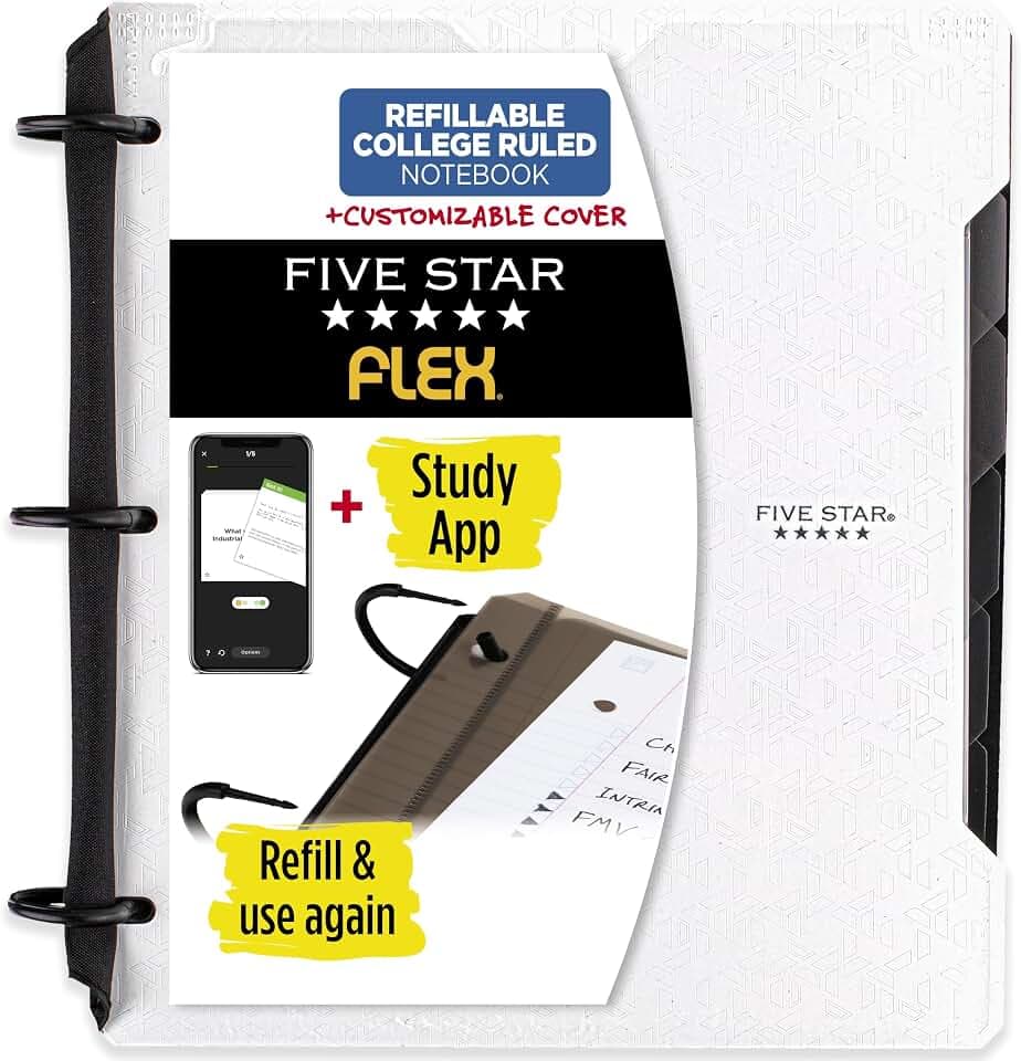 Five Star Flex Refillable Notebook + Study App, College Ruled Paper and 1 Inch TechLock Ring Binder with Customizable Cover, Pockets, Tabs and Dividers, 200 Sheet Capacity, White (29326AE2)