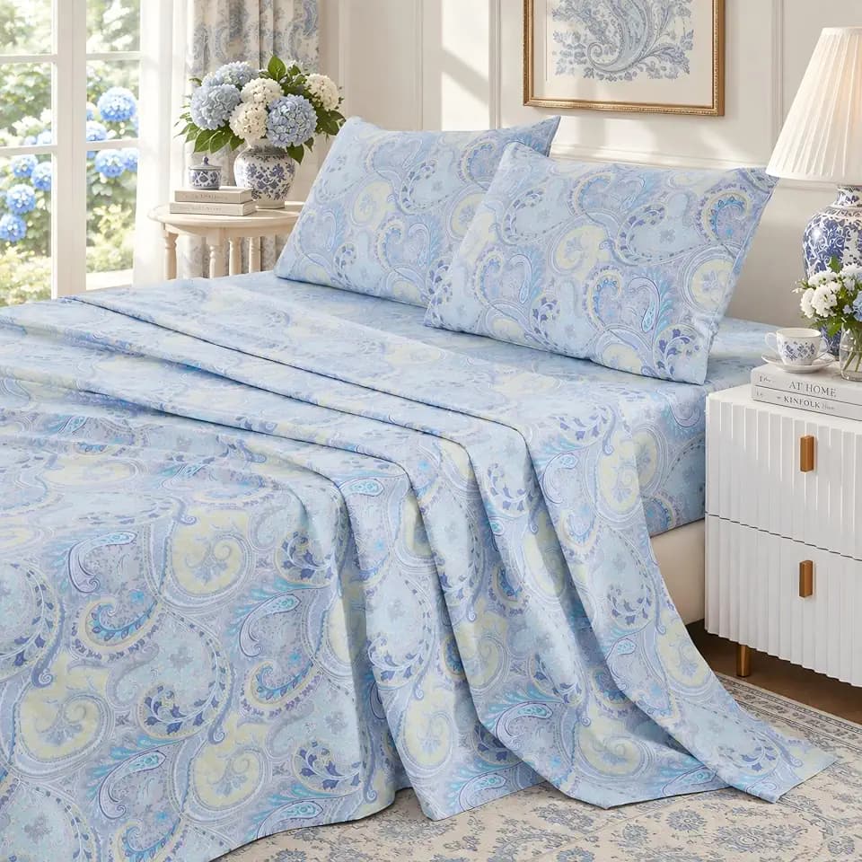 Brandream King Size Sheet Set Luxury Floral Boho Medallion Blue Paisley Bedding Collections 800 Thread Count 100% Egyptian Cotton Deep Pocket, 4 Piece
