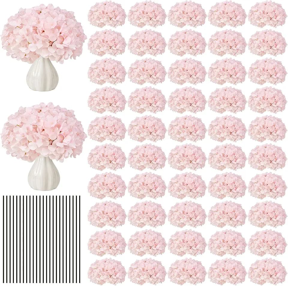 65PCS Light Pink Artificial Hydrangea Flowers Bulk with Stems, Silk Faux Hydrangea Heads for Baby Girl Shower Decor