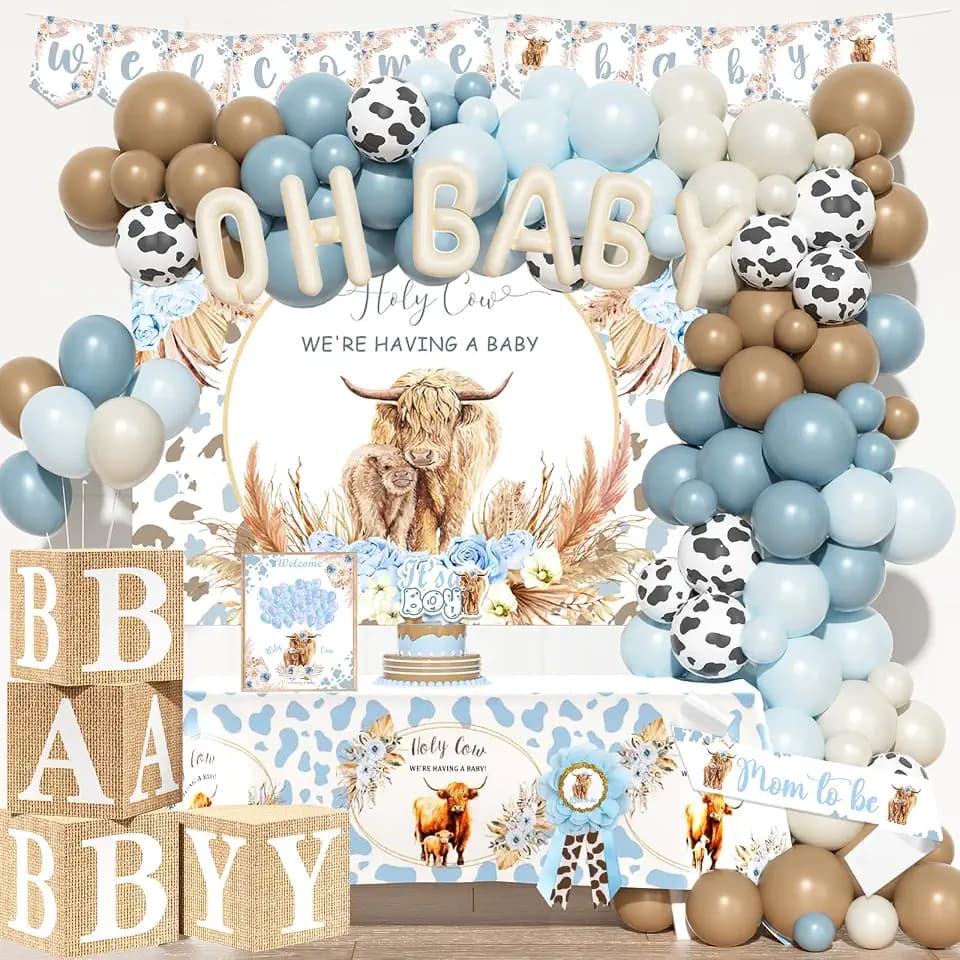 Costova Highland Cow Baby Shower Decorations for Boys, Blue Highland Cow Baby Shower Decorations, Pastel Floral Backdrop Balloon Box Tablecloth Sash Pin for Its a Boy Gender Reveal