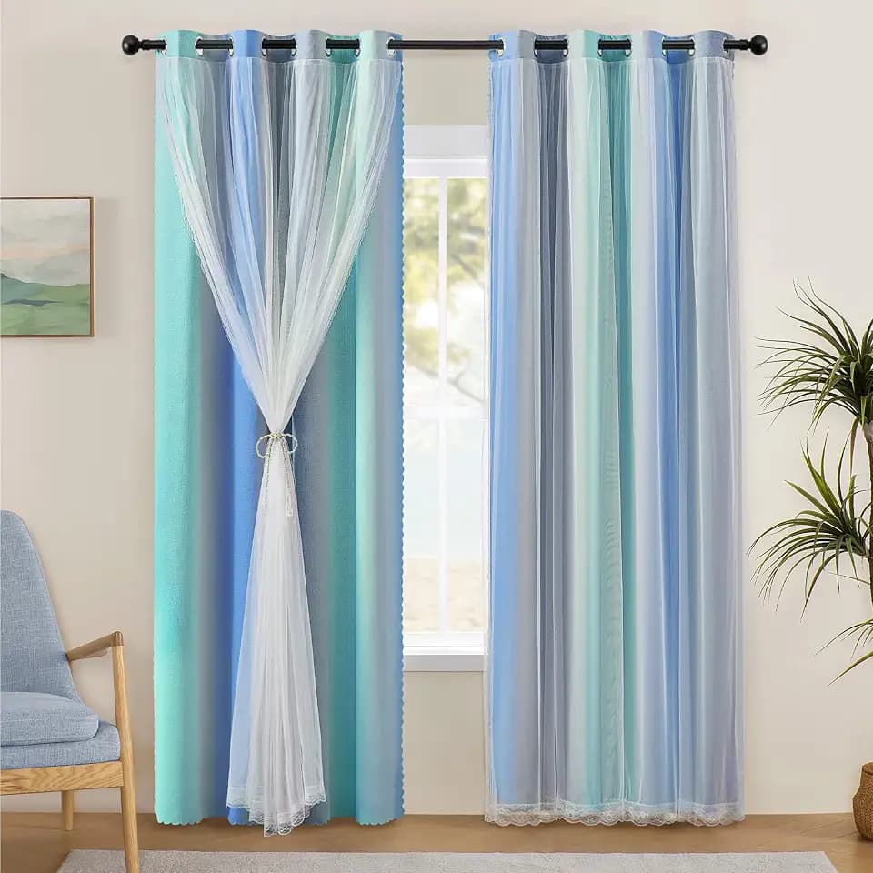 XiDi Blue Green Grey Blackout Curtains 63 Inches Long for Bedroom 2 Panels