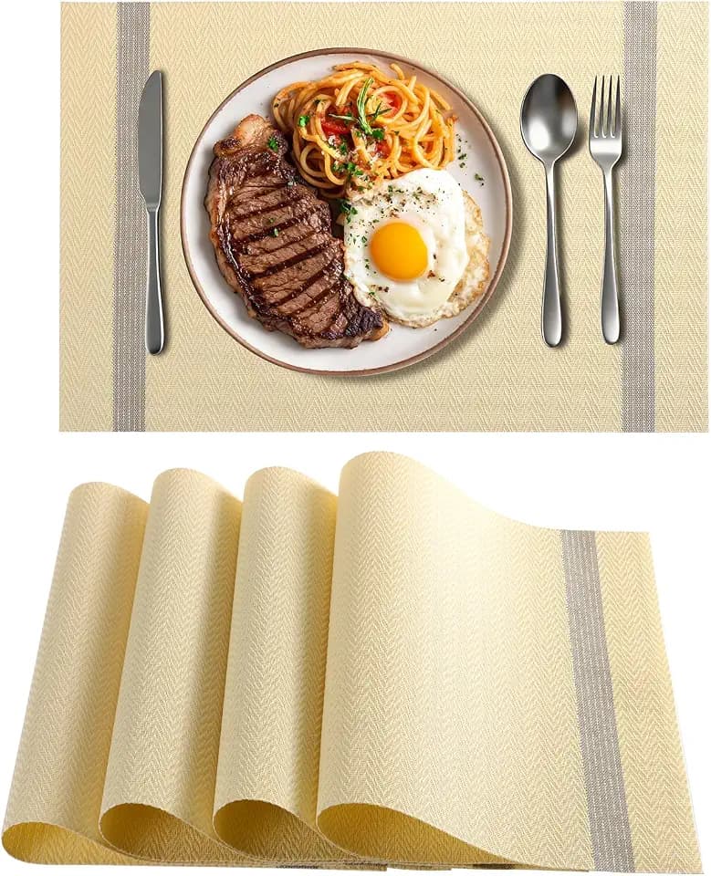 Placemats for Dining Table Set of 4, Woven Vinyl Table Mats with Gold Shiny Yarn on Both Sides, Heat Resistant Washable Table Placemats for Kitchen, Dining Room, Indoor Decor, 4pcs
