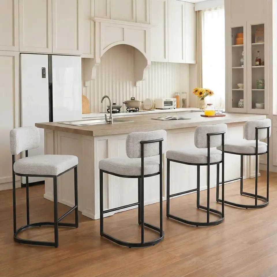26" H Counter Height Bar Stools Set of 4, Modern Linen Fabric Upholstered Barstools with Backrest for Kitchen Island, Black Metal Frames, Wheat