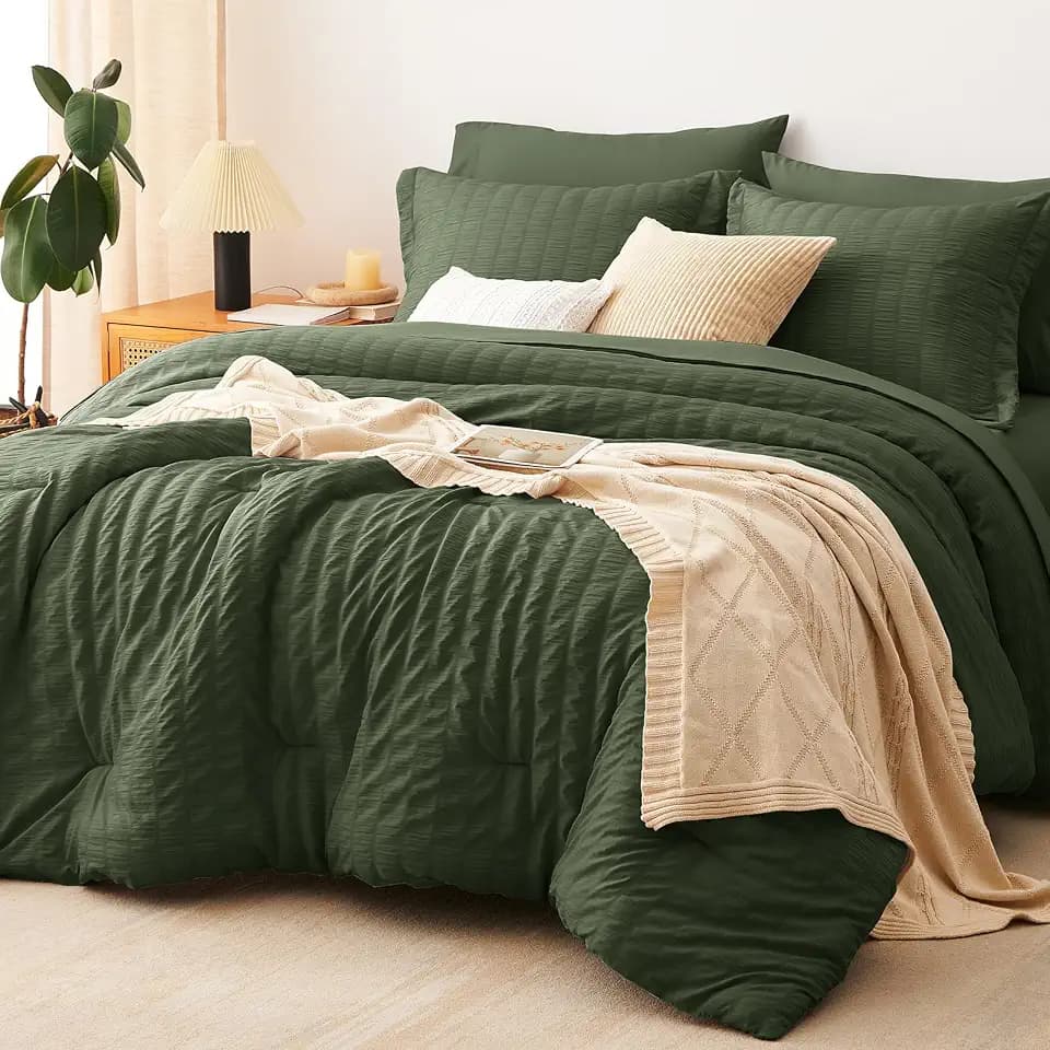 CozyLux King Comforter Set, 7 Pieces Olive Green Seersucker Bed in a Bag