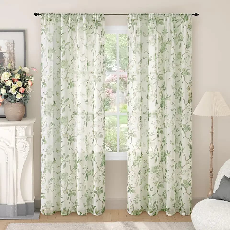 Lajode Green Floral Sheer Curtains for Girls Room - 52x72 Inch 2 Panels