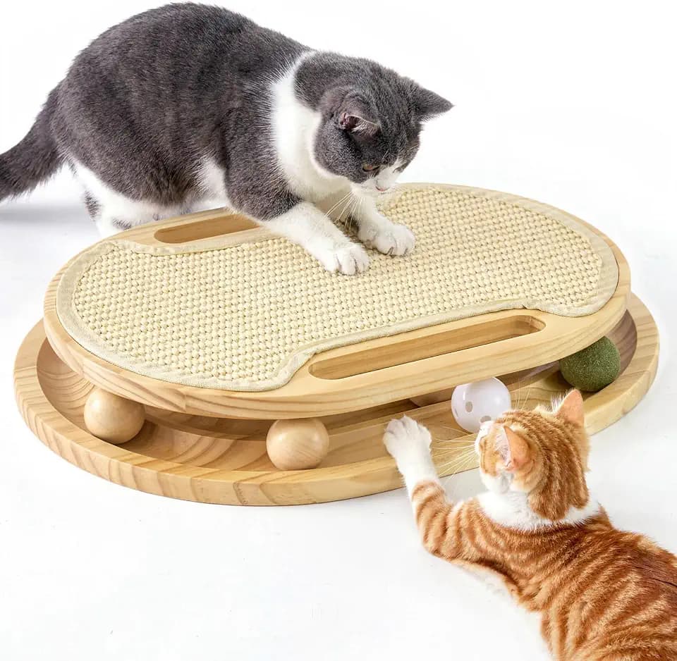 ZOMISIA Sisal Kratzbrett mit Kugelbahn, Interaktives Katzenspielzeug Holz
