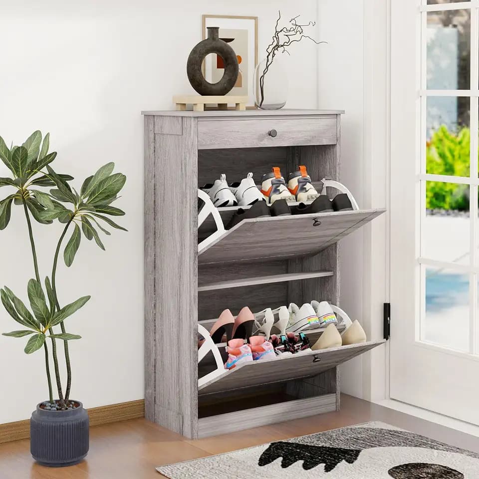 FTZxHKLX Shoe Rack Cabinet 2 Flip Drawers, Entryway Shoe Storage, Wash Grey