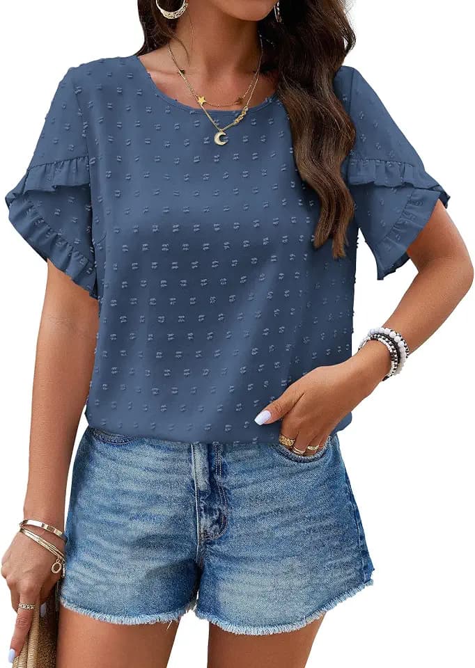 PRETTYGARDEN Women Summer Ruffle Sleeve Swiss Dots Tunic Top