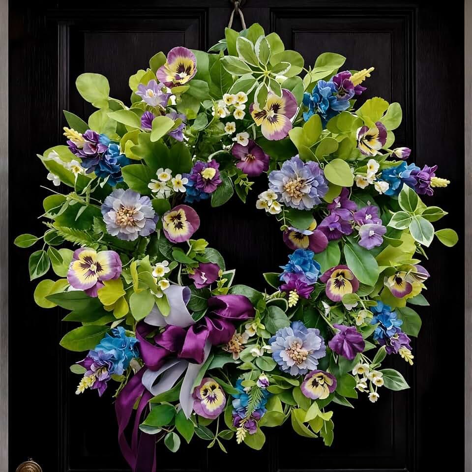 Spring Summer Wreaths for Front Door 24 Inch, Outdoor Summer Wreath with Pansy, Hydrangea & Floral Accents, Spring Wreath for Front Door Outside, Summer Wreaths Front Door for Home Decor