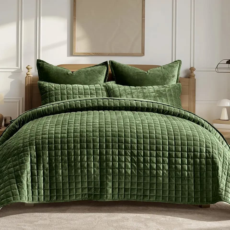 RECYCO Channel Box Stitch Velvet Quilt Set, Full Queen Size, Loden Green