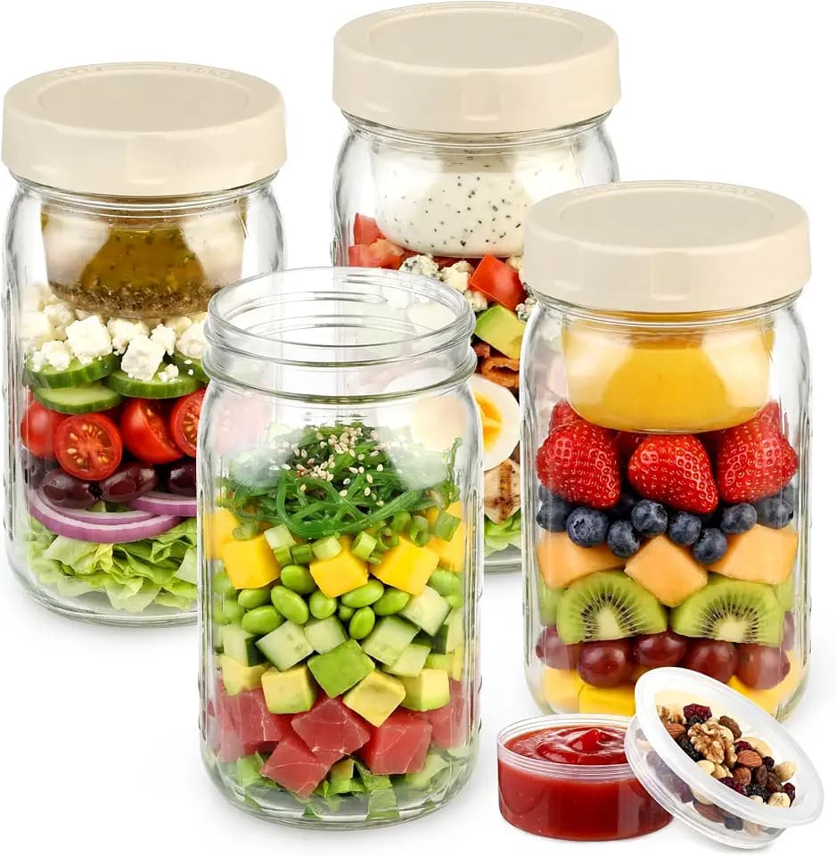 Salad Jars with Lids, 32 oz 4 Pack Meal Prep Containers with Compartments