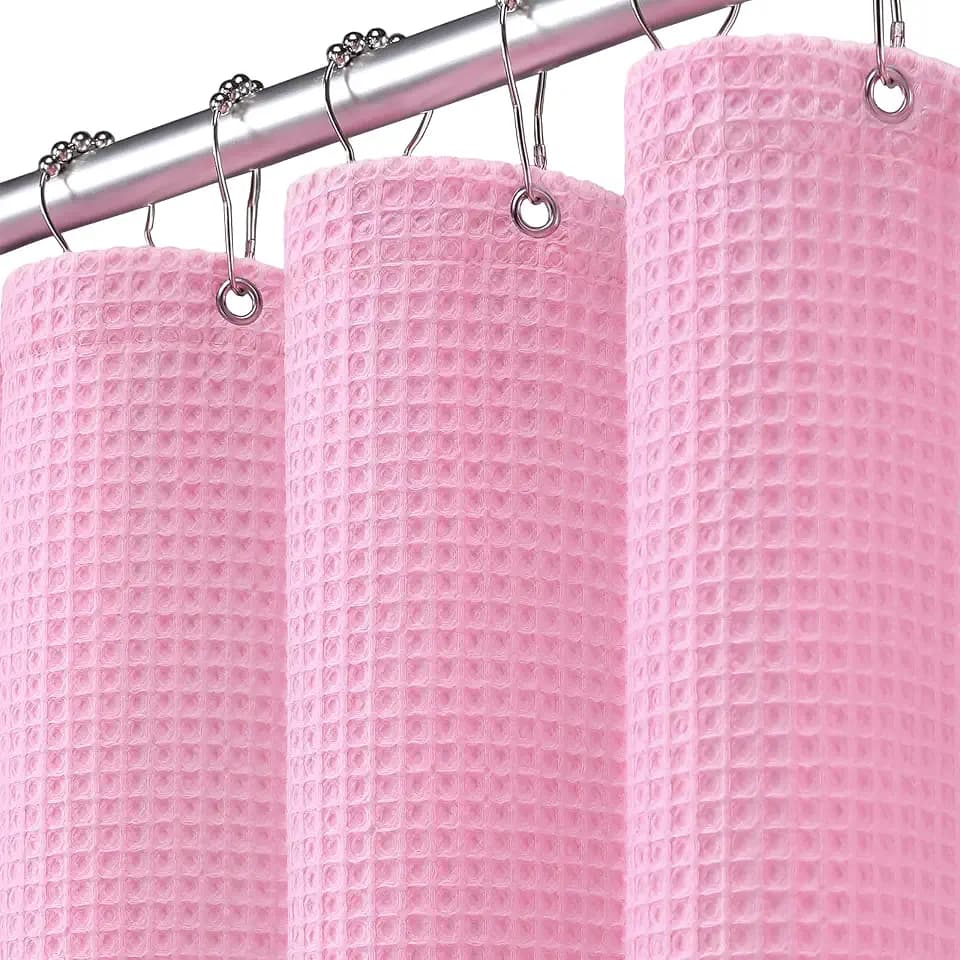 Waffle Weave Shower Curtain Heavyweight Cotton Fabric Pink 72Wx72L