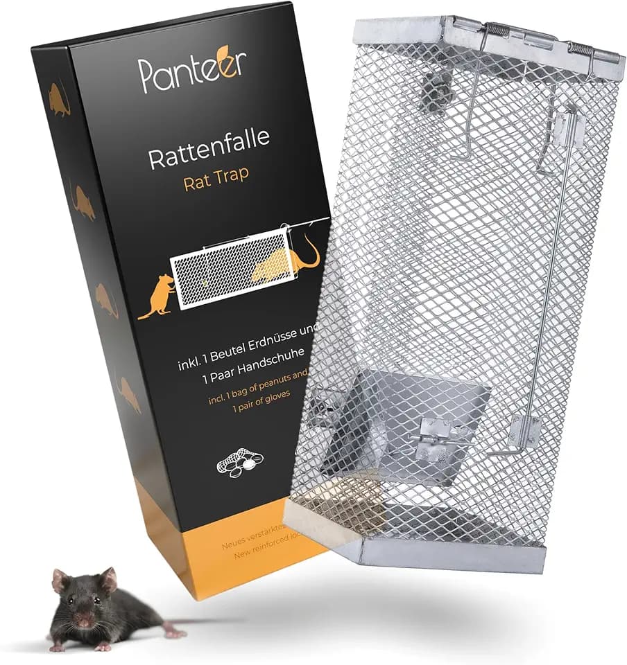 Panteer SCHÄDLINGSMEISTER XXL Rattenfallen Set - Lebendfalle - Effizient für Ratten, Mäuse, kleine Nagetiere, Schneller 0,2 - Sek -Verschluss, Vollverzinkt, Inkl. Handschuhe & Köder
