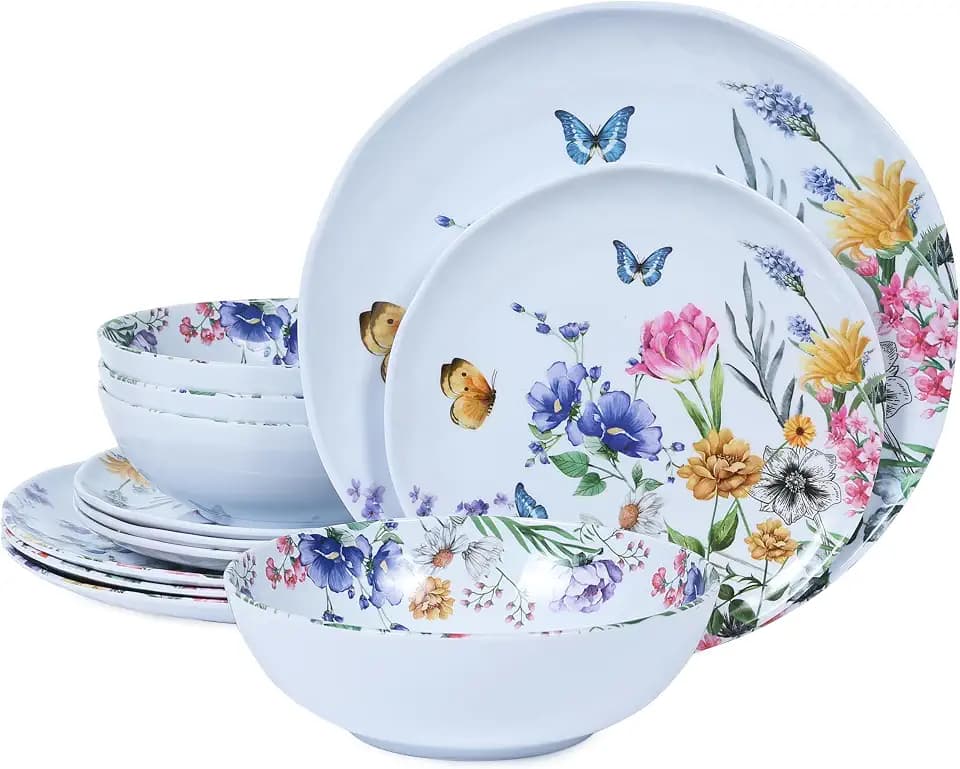 12-Piece Melamine Dinnerware Sets - Plates And Bowls Sets Floral