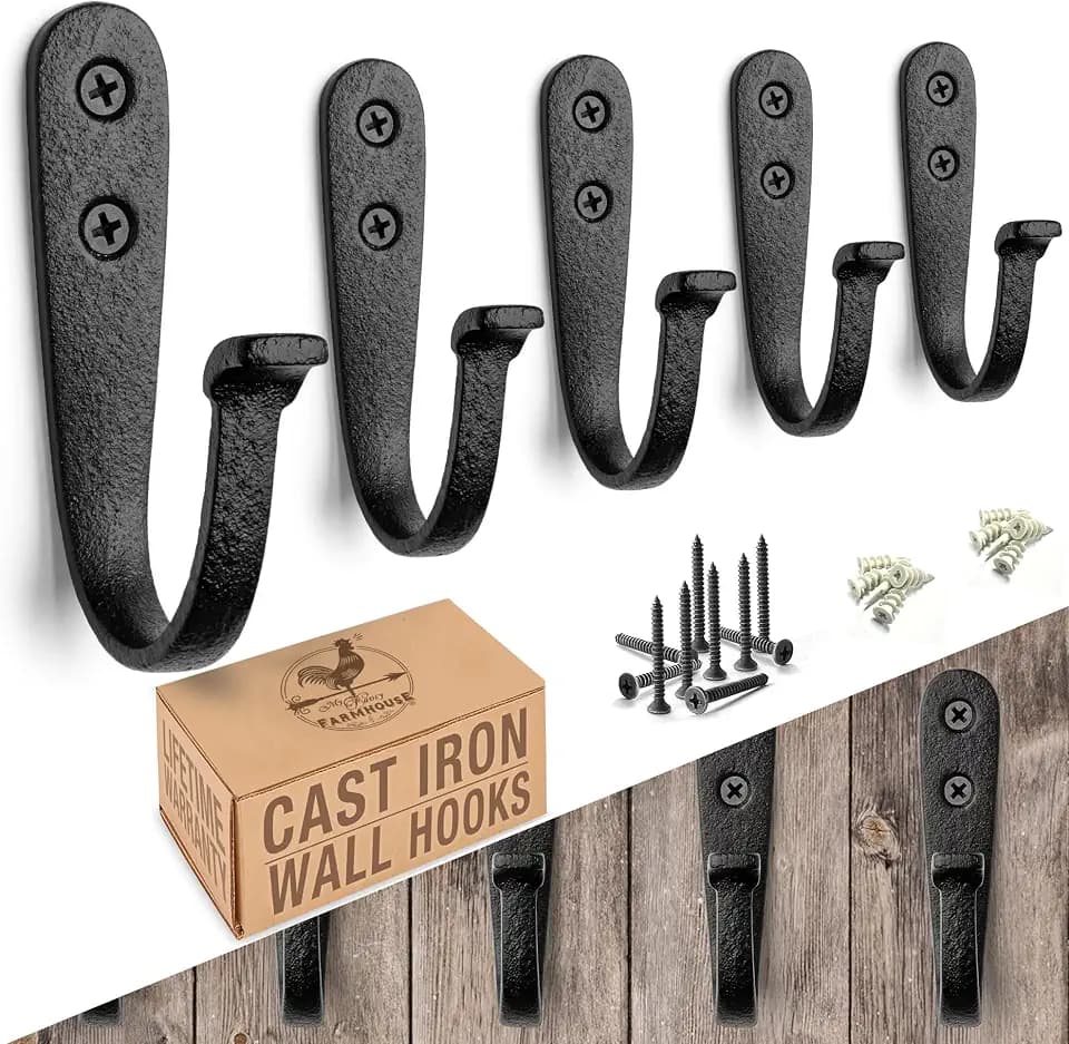 Cast Iron Wall Hooks (5 Pack) Handmade Blacksmith - Wall Mounted J Hooks - Farmhouse Decorative - Vintage Hooks for Hanging Coats, Bags or Pots in Pantry (Black)