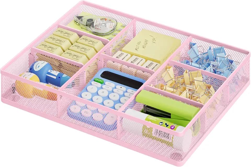Marbrasse Pink Desk Drawer Organizer, Metal Mesh Drawer Organizer Tray with 5 Adjustable Compartments,Desk Organizers and Accessories for Home,Office,Kitchen,Makeup,Vanity (Pink)