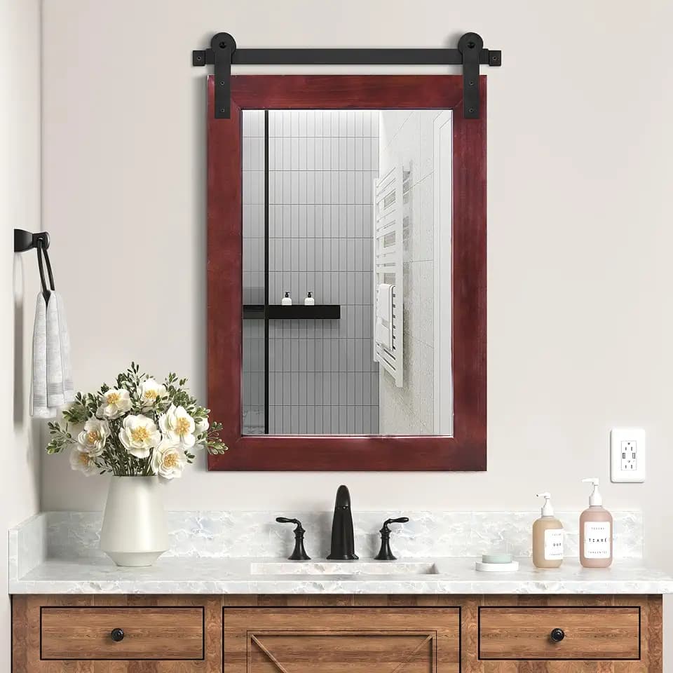 COGOOD Farmhouse Barn Door Mirror - 21 x 30 Rustic Wood Framed Wall Mirror for Bathroom, Living Room, Entryway Wall Decor (Espresso)