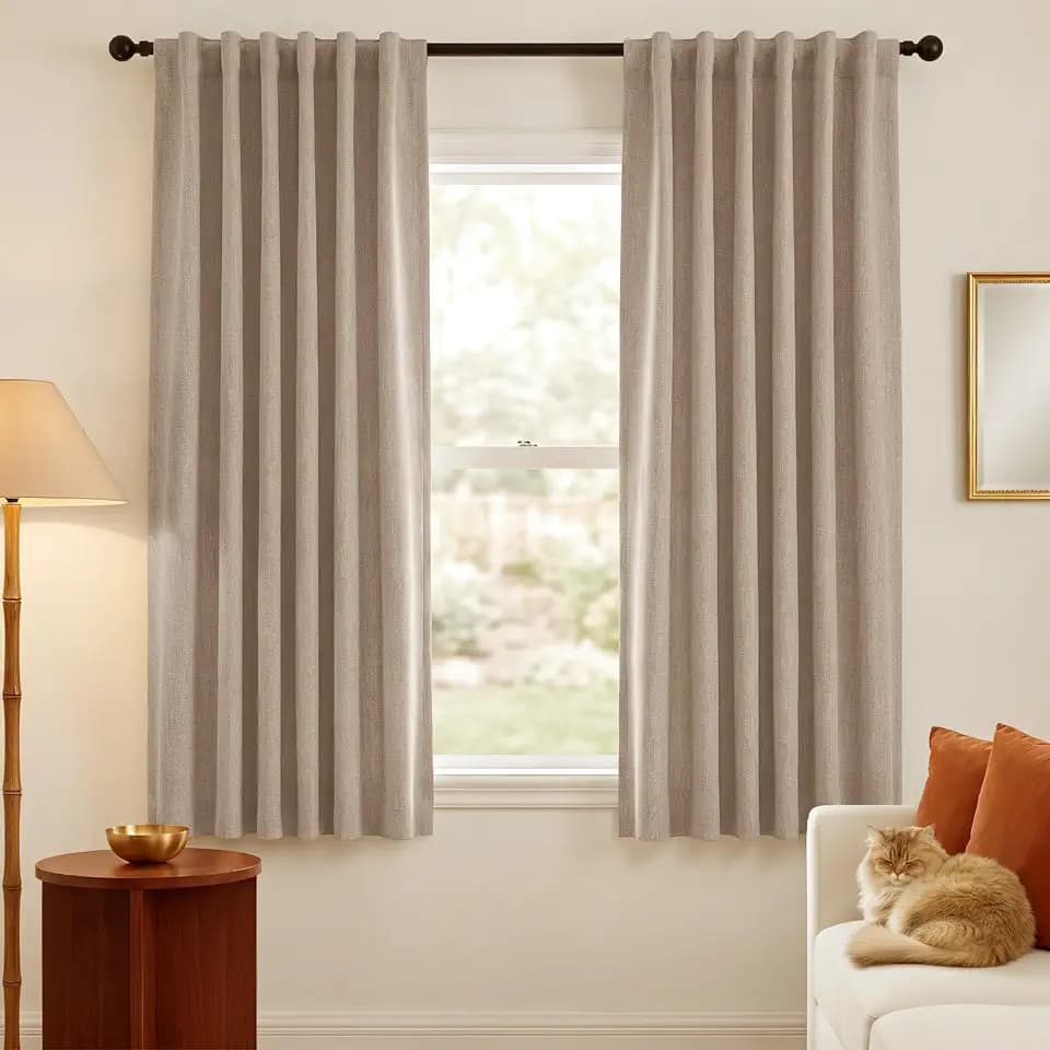 NICETOWN Scratch-Proof 100% Blackout Curtains 63 inches Long, High-Density Linen Blend Window Treatments Rod Pocket & Back Tab Thermal Drapes for Bedroom, Sand, W52 x L63, 2 Panels