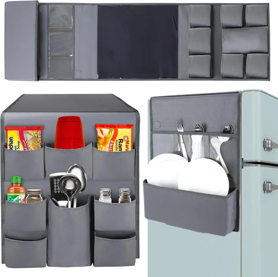 Mini Fridge Organizers and Storage - College Dorms Must Haves - Large Pockets with Dividers Holds Pantry Goods, Utensils, Paper Towel, Plastic Wrap Ideal Mini Fridge Shelf for Dorm and Office (Grey)…