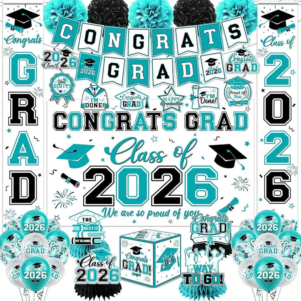Teal Graduation Decorations 2026 - Graduation Party Supplies Kit with Congrats Grad Backdrop,Banner,Hanging Swirls,Balloons Teal Congrats Grad Decorations for Class of 2026 Party
