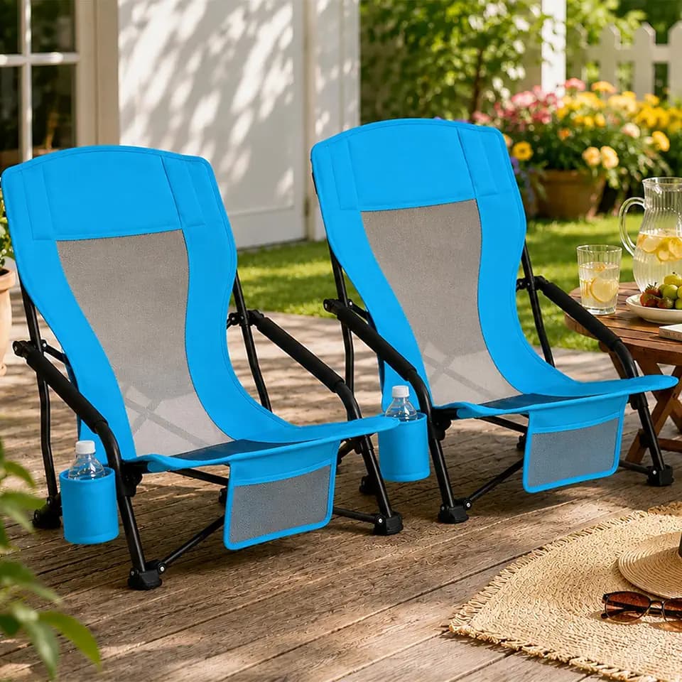 SUNW 2 Pack Blue Low Back Folding Beach Chair, 300lbs Lightweight Portable Camping Chair with Cup Holder