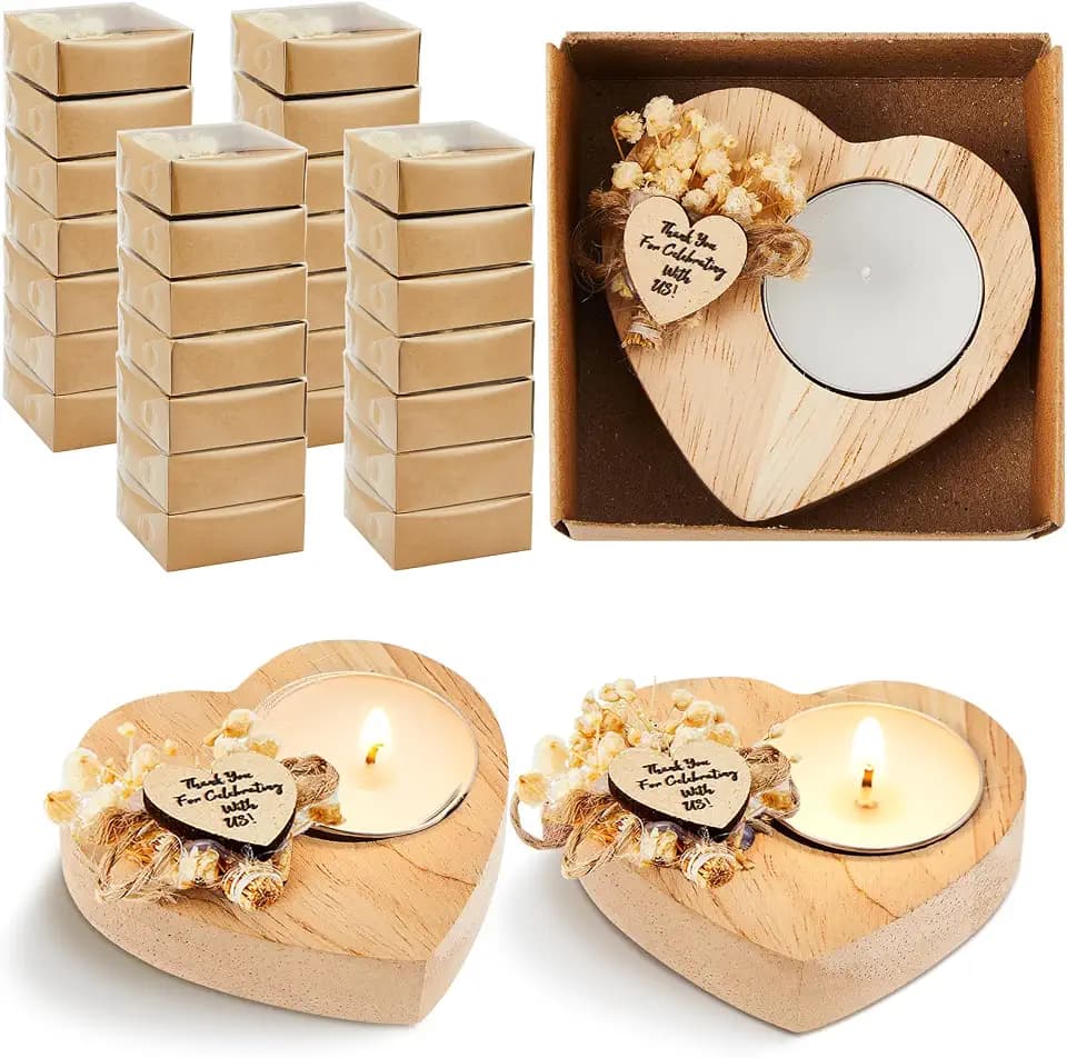 50 Pcs Wedding Candles Favors Rustic Wood Heart Candle Holders Bridal Shower Thank You Gifts for Guest Anniversary,Engagement Party Favors Decor (Natural Color)