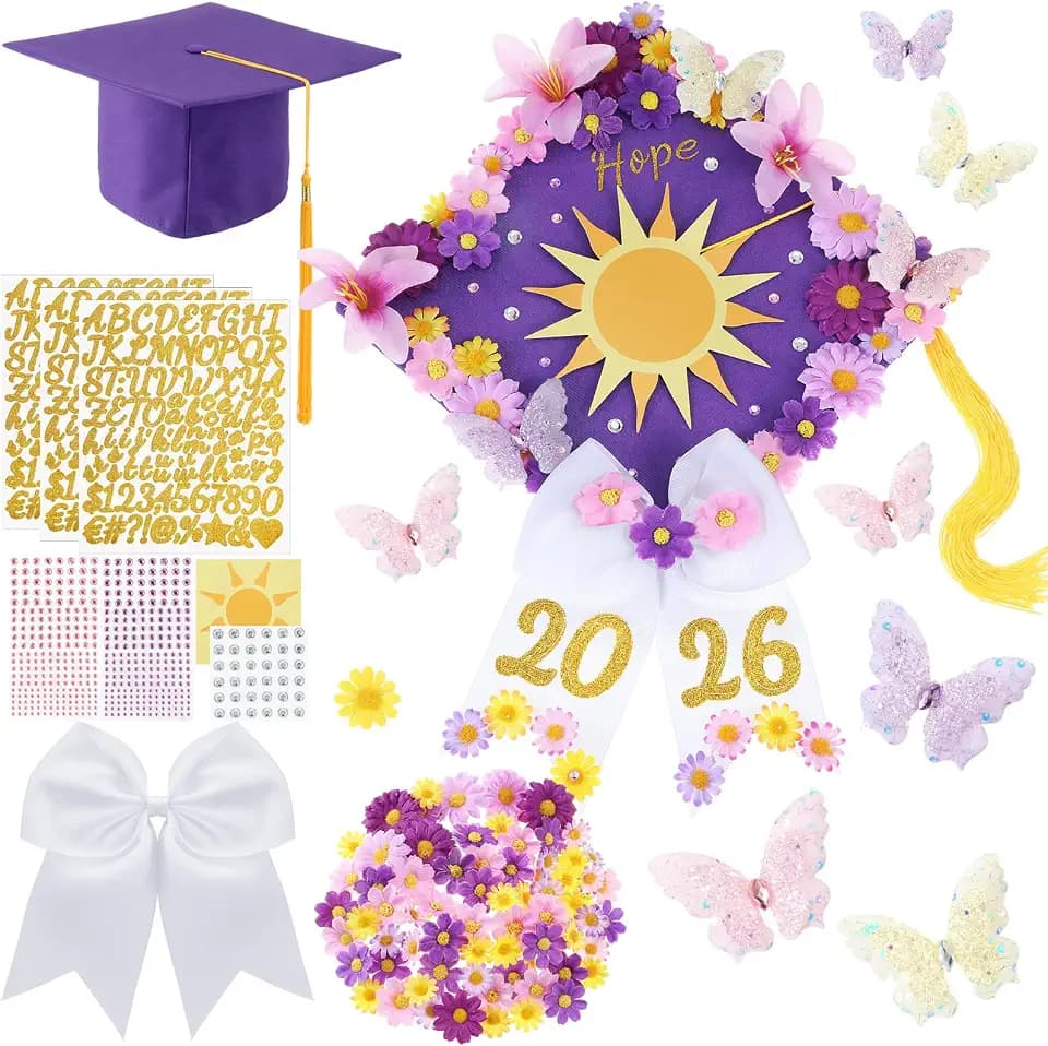 Dunzoom 63 Pcs Graduation Cap Decorations Kit, Class of 2026 Purple Princess Theme DIY Grad Cap and Topper with Flower, Bow, Sun Sticker, Letter, 3D Butterfly for School Class Party, Includes Hat