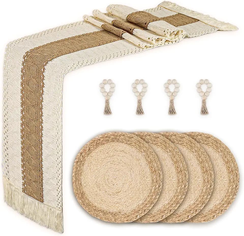Placemats Set of 4,Natural Round Placemats with Table Runner & Napkin Rings