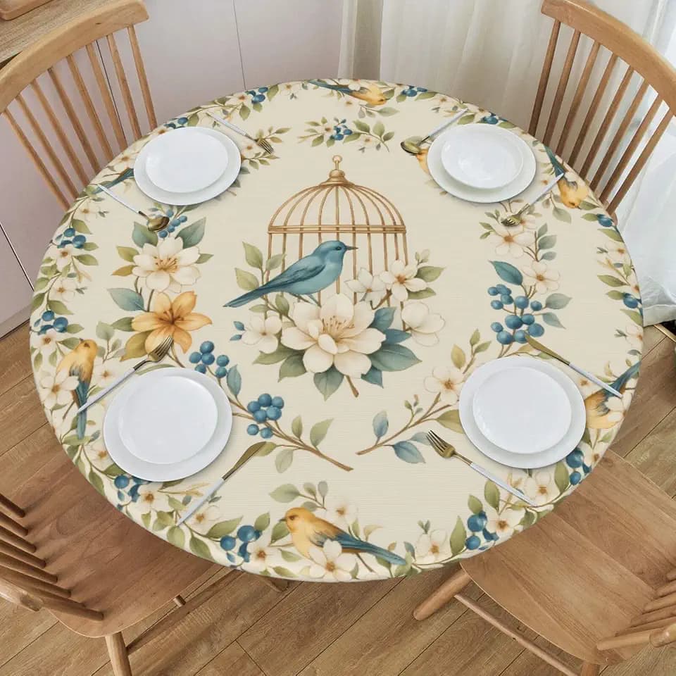 KiuLoam Rustic Vintage Floral and Birds Round Tablecloth Farmhouse Table Cover with Elastic Edge Washable Fitted Table Cloth for Kitchen Patry Outdoor Decor Fits 40"-44", Small
