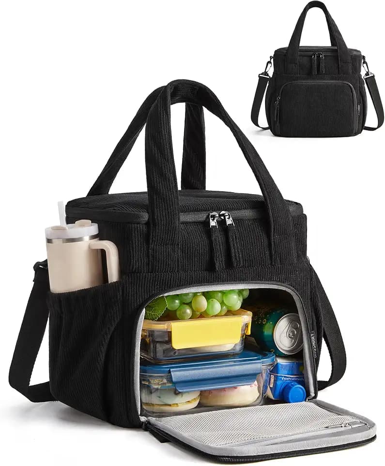 BAGSMART Corduroy Large Lunch Bag Women 14L Double Deck Insulated Lunch Box