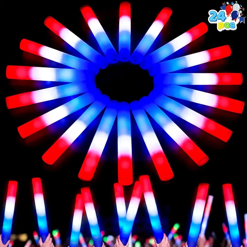 JOYIN 24Pcs July 4th Foam Glow Sticks, Red White Blue Patriotic LED Sticks with 3 Modes Flashing for Kid Adult, Glow in The Dark Party Favor Supplies for Independence Day Parade, Concert, Carnival
