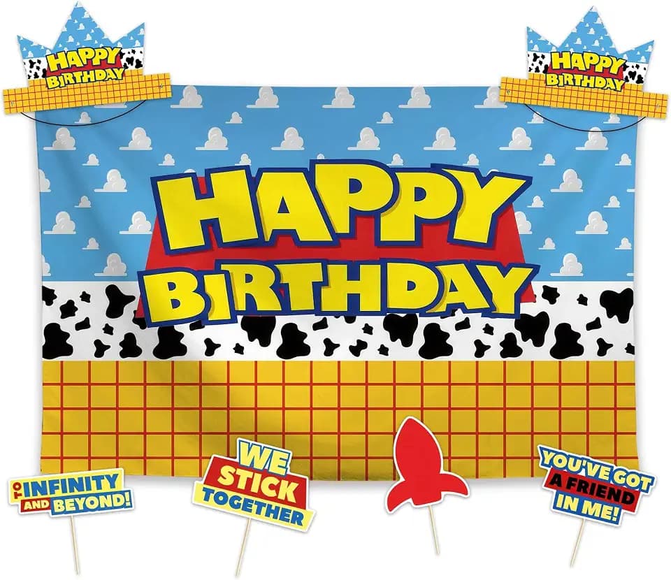 Allenjoy Cute Story Birthday Party Decorations Set - 11 Piece Kit with 59"x35" Backdrop, 6 Headbands, 4 Photo Booth Props, Decor Supplies, Favors for Kids Boys Girls Son Daughter