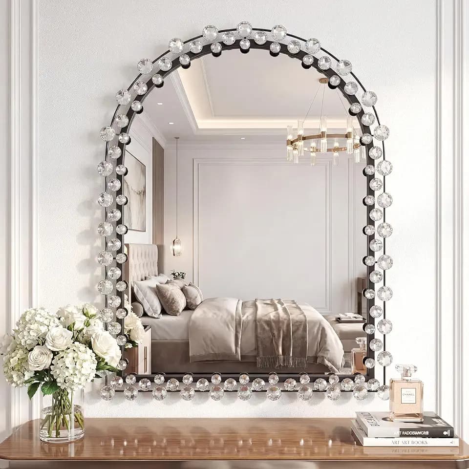 20"x28" Black Arched Mirror, Luxury Crystal Diamond Frame