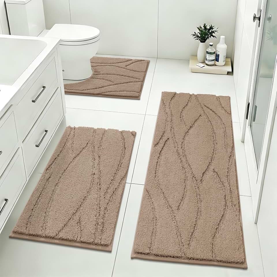 Bsmathom Bathroom Rugs Sets 3 Piece, Soft Non Slip Microfiber Bath Mat and U-Shaped Contour Toilet Rug, Machine Washable Absorbent Shaggy Bathroom Set, Brown
