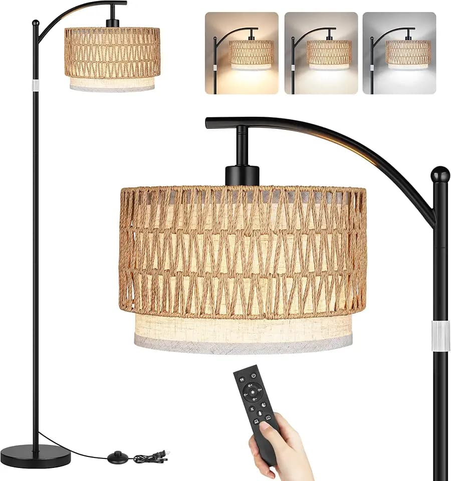 ROTTOGOON Arc Floor Lamps for Living Room, Boho Farmhouse Floor Lamp with Remote & Dimmable Bulb, Standing Lamp with Rattan & Fabric Shades, Adjustable Tall Lamp for Bedroom Office-Black