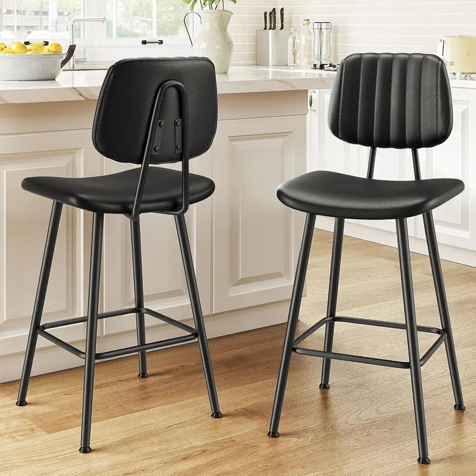 Raynesys 24-Inch Leather Bar Stools Set of 2 with High Backrest, Black