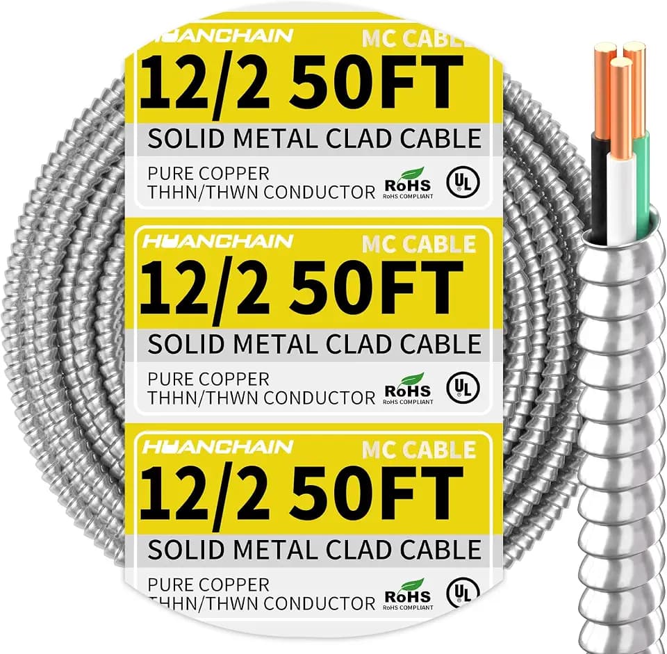 HUANCHAIN 12/2 MC Cable 50FT Solid Copper Wire with Aluminum Armor