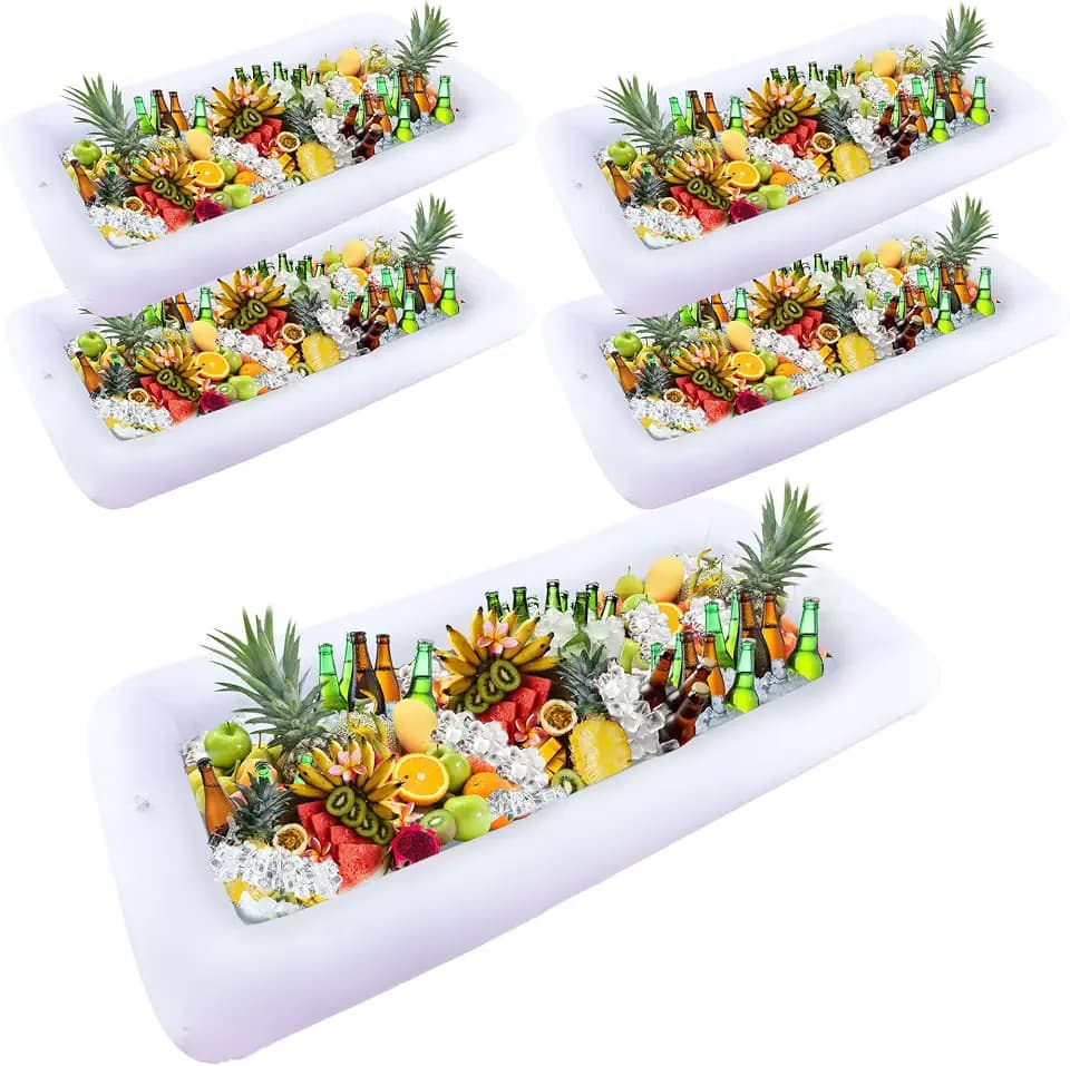 5 Pack Inflatable Ice Serving Bar Salad Buffet Floating Tray Beverage with Drain Plug Ice Tray Food Drink Containers Inflatable Cooler for BBQ Picnic Pool Party