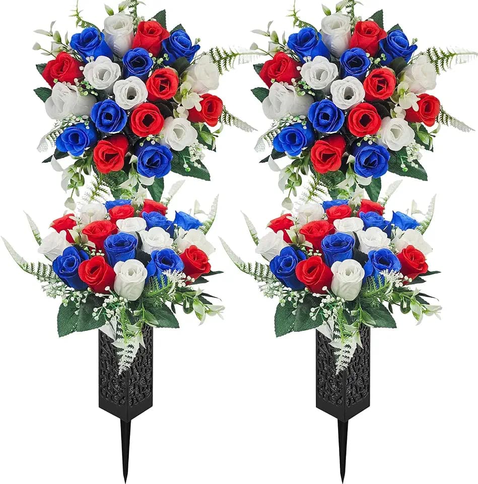 Mirevielyn 2-Pack 18 Stems Artificial Rose Cemetery Flowers with Vases
