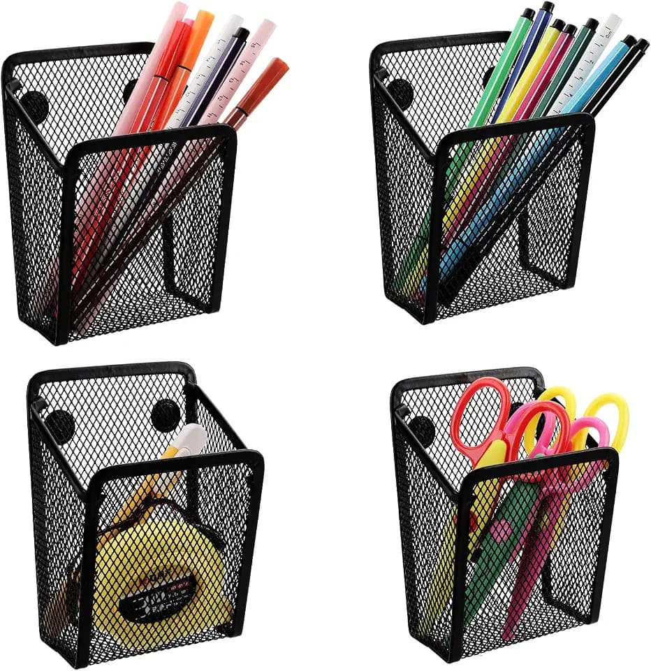 Jucoan 4 Pack Magnetic Pen Pencil Holder, Metal Mesh Magnetic Locker Organizer Pen Cup Baskets for Whiteboard Refrigerator Locker Metal Cabinet School Home Office Supplies