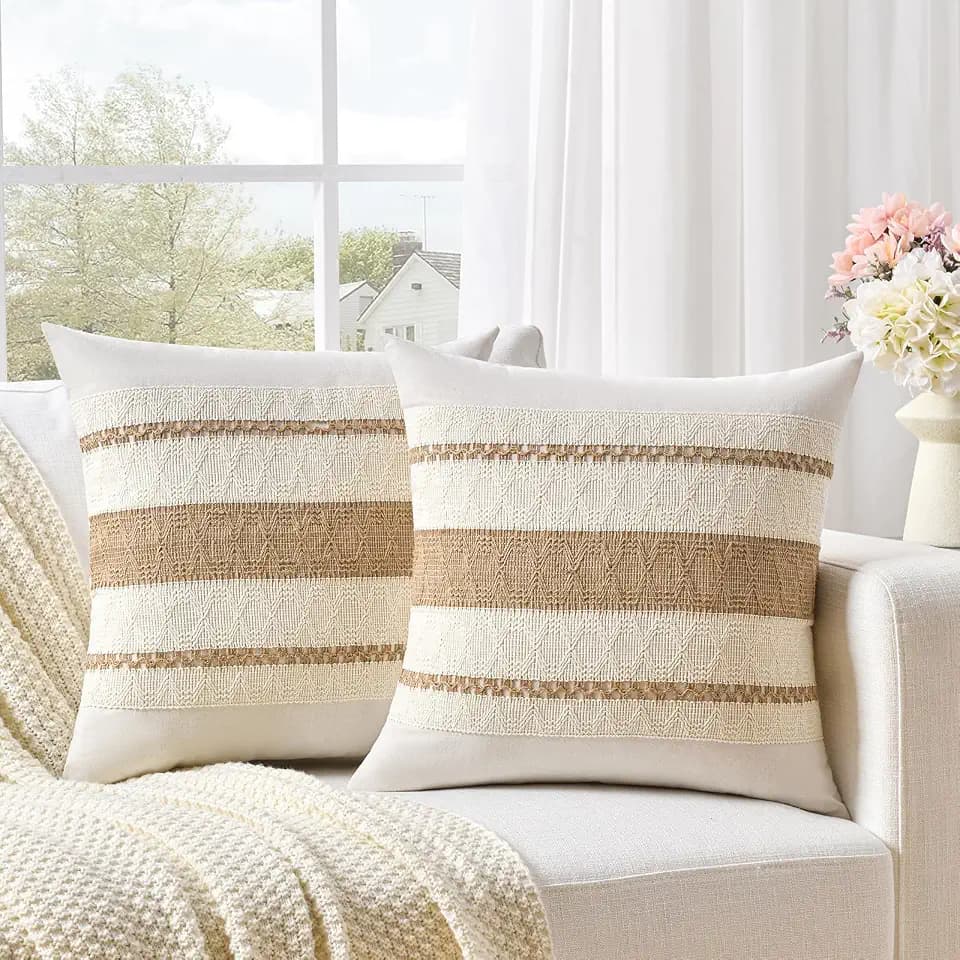Fancy Homi Set of 2 Boho Neutral Decorative Throw Pillow Cover 20x20 Inch for Couch Bed Sofa, Aesthetic Modern Organic Farmhouse Home Decor, Soft Cotton Cute Accent Macrame Woven Tan Cushion Case