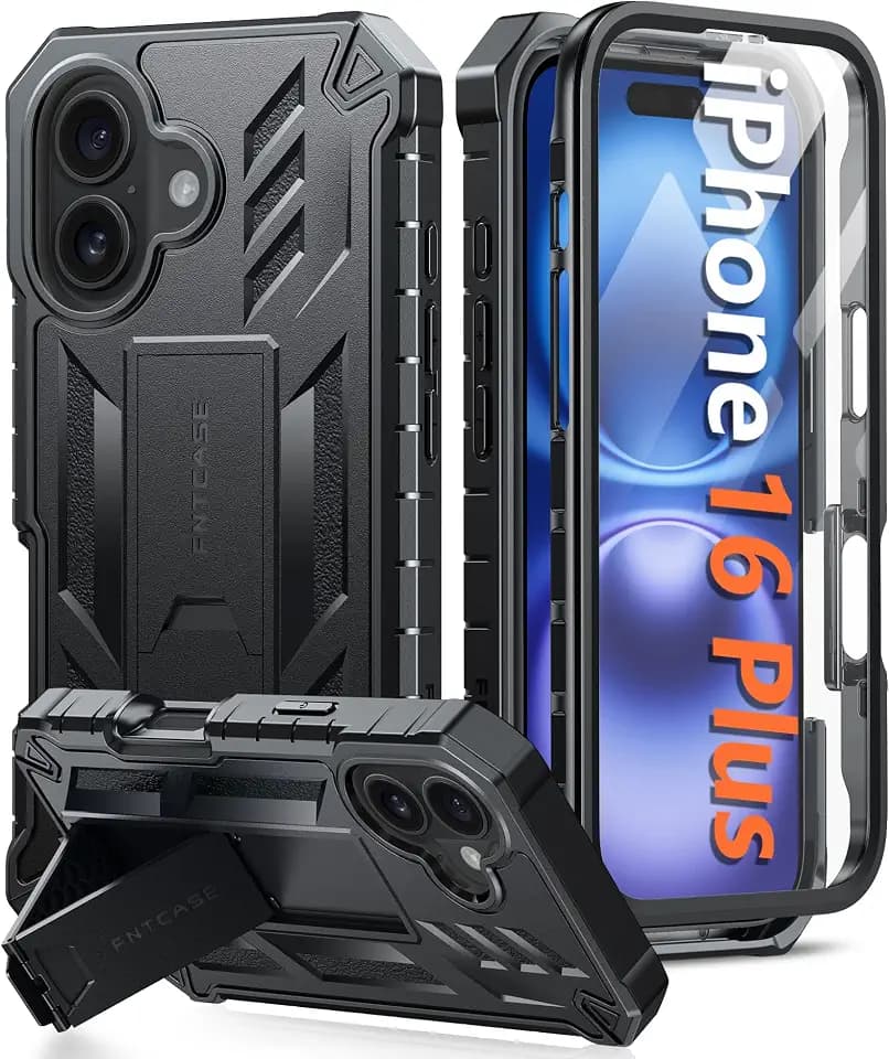 FNTCASE for iPhone 16 Plus Case with Built-in Screen Protector, Kickstand