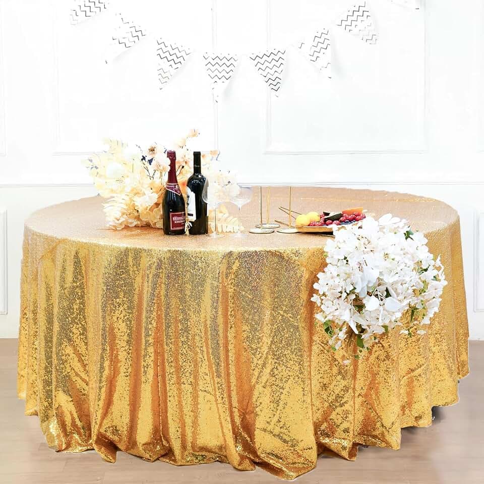 Gold Sequin Tablecloth, 132 inches, Round