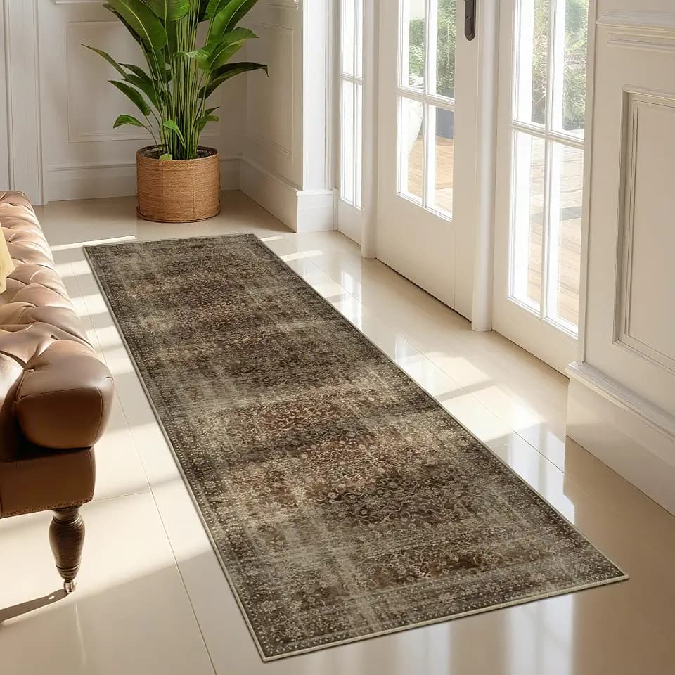 Brown Coffee Hallway Runner Rug 2x6, Dark Earth Tone Kitchen Runners Non Skid Washable 6ft, Aesthetic Distressed Carpet Floor Runners for Entryway Indoor Bedroom Bathroom, Vintage Warm Brown