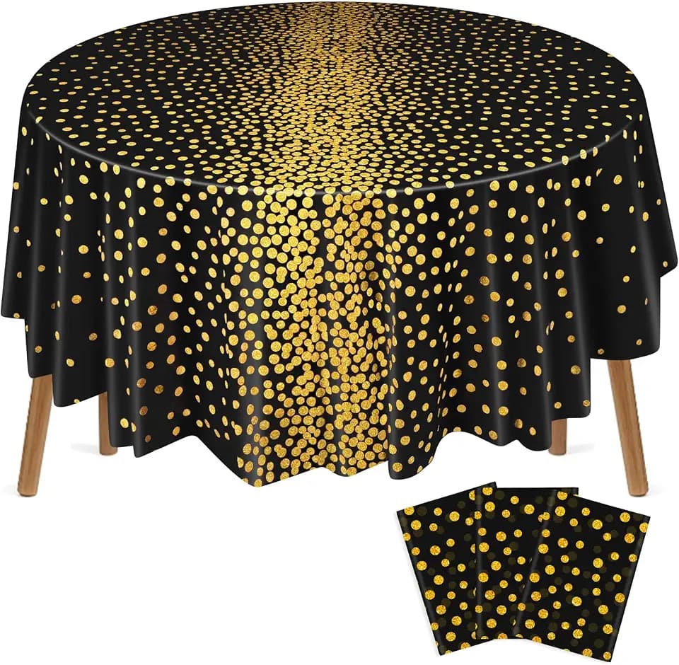 VitalCozy 3 Pcs Round Dot Tablecloth 84 Inch Plastic, Black,Gold