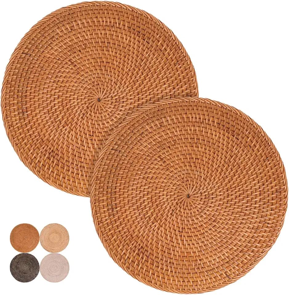 2-Pack Rattan Placemats - 13-inch Round Placemats (Stained Brown) - Woven Place Mats, Round Table Mats - Wicker Chargers for Dinner Plates, Plate Chargers Boho - Rattan Décor