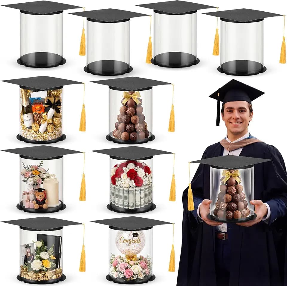 Dunzoom 10 Sets 7 x 8 Inch Graduation Gift Candy Boxes 2026 Grad Cap Flower Boxes with Tassel Clear Empty Cupcake Holder Container for DIY College Ceremony Party Supplies