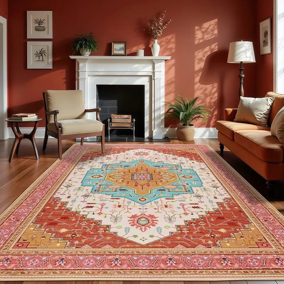 Macgace 6x9 Orange Pink Area Rug for Living Room, Machine Washable Rugs with Non-Slip Backing for Bedroom, Vintage Medallion Carpet Dining Room Office Kids Room Decor