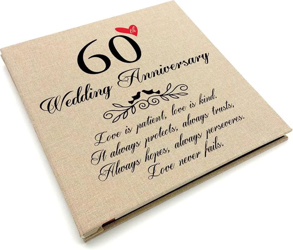 60th Wedding Anniversary Photo Album, Linen Cover with Love Quote, Golden Marriage Love Never Fails Memory Keepsake, Gifts for Parents 60 Years of Love