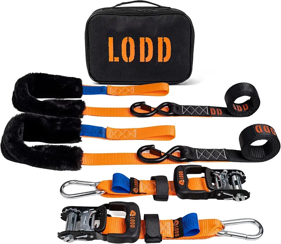 LODD - Motorrad-Spanngurte mit Hochfesten Schnallen, Fellschutz, Stahlkarabiner, Verstärkter Schnalle | 1100 kg, 38mm | Anhänger (Parent) (Ratsche/Karabinerhaken)